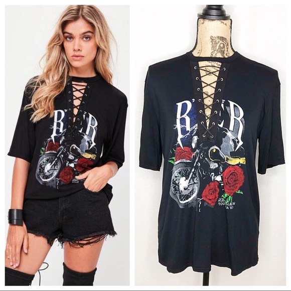 Missguided Tops - Missguided Lace Up Graphic Tee Size 4